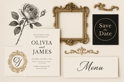 Elegant wedding design elements blending modern and antique styles Elegant wedding design elements blending modern and antique styles